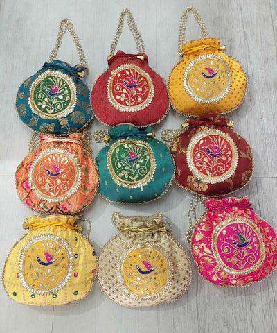 160 rs each on buying minimum 50 pcs 🏷 Women's Potli Bag LAMANSH® Designer Gota Patti Peacock work Potli bags for haldi mehendi ceremony favors & return gifts 🎁