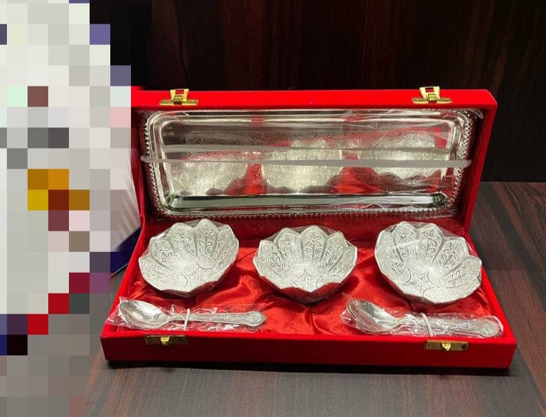 LAMANSH® German Silver Plated Floral Shaped Bowls Tray Spoon Set for Return Gifting 🎁for Guests