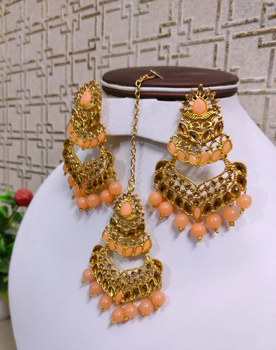 Lamansh metal earrings & maangtika Peach Golden Plated Designer Earrings & Maangtika Set