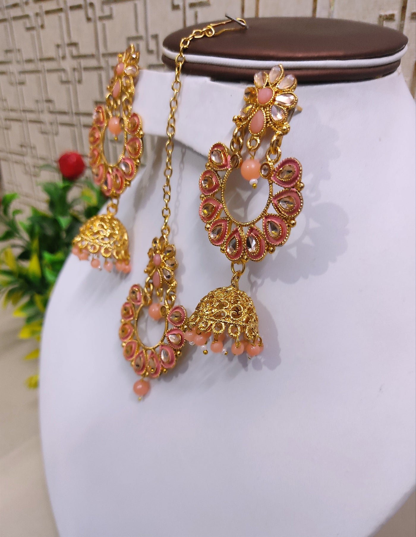 Lamansh metal jhumki & maangtika Peach Antique Gold Tone Kundan ✨ Jhumki Earrings & Maangtika Set for Girl's & Women | Indian Imitation Jewellery set for Weddings