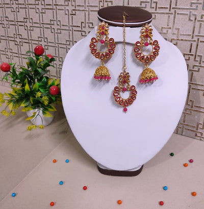 Lamansh metal jhumki & maangtika Pink Antique Gold Tone Kundan ✨ Jhumki Earrings & Maangtika Set for Girl's & Women | Indian Imitation Jewellery set for Weddings