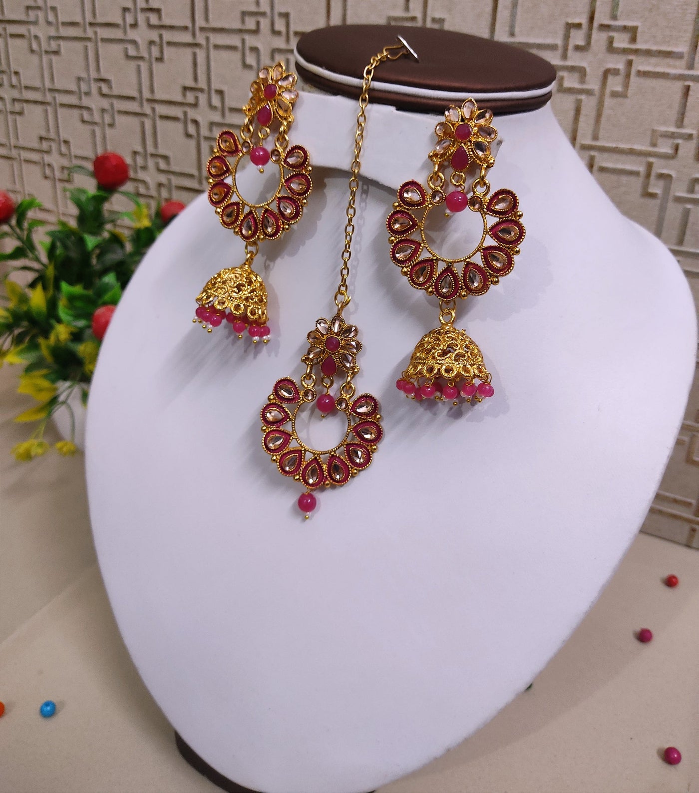 Lamansh metal jhumki & maangtika Pink Antique Gold Tone Kundan ✨ Jhumki Earrings & Maangtika Set for Girl's & Women | Indian Imitation Jewellery set for Weddings