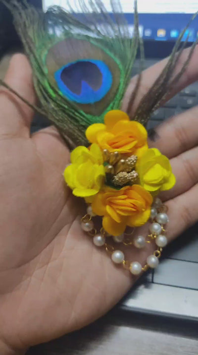 LAMANSH® Artificial Flower Brooches Broaches with Mor pankh Feather for Guests in Wedding & other events / Bridesmaid Giveaways Favours ✨ for haldi mehendi sangeet