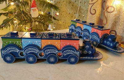 LAMANSH Asorted Colours Patterns / Wood / 1 ( 1 Train with 4 Box) LAMANSH® Home Decorative Wooden Train Shape Dry Fruit Holder with Multicolor Boxes,Diwali Gift/Home decror