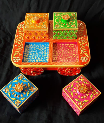 LAMANSH Assorted coloura / Wood / 1 LAMANSH® Wooden Handcrafted Hand Painted Rectangular Dry Fruit Box With 4 Compartment & Storage Trolley Box Showpiece