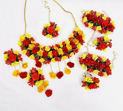 Lamansh baby shower 1 Necklace, 2 Earrings,1 Maangtika & 2 Bracelet attached with Ring set / Yellow-Red LAMANSH® Special Haldi 🌺 Jewellery Set