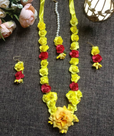 Lamansh baby shower 1 Necklace, 2 Earrings,1 Maangtika set / Yellow-Red LAMANSH® Special Haldi 🌺 Jewellery Set
