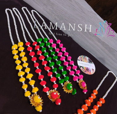 Lamansh Barati Swagat mala Assorted colours / Pom Pom Flowers & Pearls / 10 LAMANSH® Pack of 30 Pom Pom Floral Moti Pearl Barati Swagat Mala / Dupatta / Stole For Weddings, Perfect for Guest Welcome