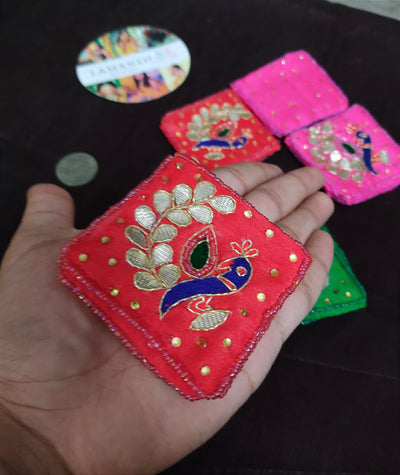 Lamansh coin bags LAMANSH® Peacock Embroidery Coin 🪙 Pouches / Mini Potli ginni bags for gifting 🎁 Wedding Favors Return Gifts For Guests Bridesmaid Gifts Mehendi Sangeet Favors Bachelorette Party Gift