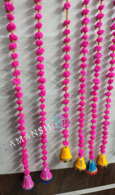 LAMANSH event pom pom hangings LAMANSH® Pack of 10 Decorative Hanging Latkans (2.5 ft length each) for Home Decor Front Door Diwali Wedding / Long Pom Poms Beads Bells Latkans Various Colours and Designs