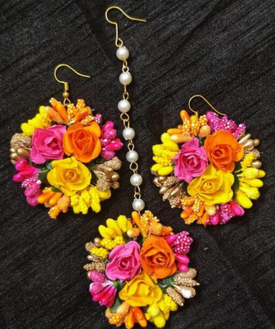 Lamansh Floral 🌺 Giveaways 1 Maangtika & 2 Earrings set / Pink-Yellow LAMANSH® Flower Jewellery Set For Women & Girls / Set of 1 Maangtika & 2 Earrings / Haldi Set