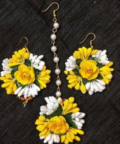 Lamansh Floral 🌺 Giveaways 1 Maangtika & 2 Earrings set / Yellow-White LAMANSH® Flower Jewellery Set / Set of 1 Maangtika & 2 Earrings / For Women & Girls / Haldi Set