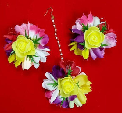 Lamansh Floral 🌺 Giveaways 1 Maangtika & 2 Earrings set / Yellow-White-Purple LAMANSH® Flower Jewellery Set / Set of 1 Maangtika & 2 Earrings / For Women & Girls / Haldi Set