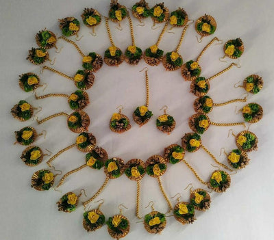 Lamansh Floral 🌺 Giveaways 10 Maangtika & 10 pair Earrings set / Yellow-Green LAMANSH® Flower Jewellery Set / Set of 10 Maangtika & 10 pair Earrings / For Women & Girls / Haldi Set