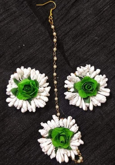 Lamansh Floral 🌺 Giveaways 3 Maangtika & 3 pair Earrings set / Green-White LAMANSH® Flower Jewellery Set / Set of 3 Maangtika & 3 pair Earrings / For Women & Girls / Haldi Set