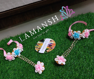 LAMANSH Floral 🌺 Giveaways Baby Pink - Blue / 5 Pair Floral Hathphool LAMANSH ( Set of 5 Pair) Shells Floral 🌸 bracelets Attached to Ring / Favors for Bridesmaids for Haldi mehendi wedding