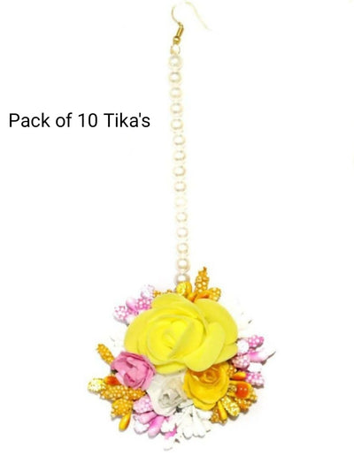 LAMANSH Floral 🌺 Giveaways Pink-Yellow / Set of 10 Maangtika's LAMANSH® Artificial Flower Maangtika's / Bridesmaid Giveaways / Haldi Flower Jewellery ( Set of 10 ) set