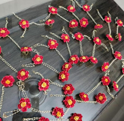 LAMANSH Floral 🌺 Giveaways Red - Yellow / 10 Pair Floral Hathphool LAMANSH®(Set of 10 Pair) Artificial Floral Gota Bracelets Attached to Ring /Mehendi Favors for Bridesmaid
