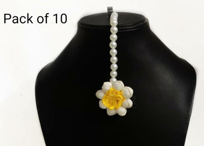 LAMANSH Floral 🌺 Giveaways White-Yellow / Set of 10 Maangtika's LAMANSH® Artificial Flower Maangtika's / Bridesmaid Giveaways / Haldi Flower Jewellery ( Set of 10 ) set