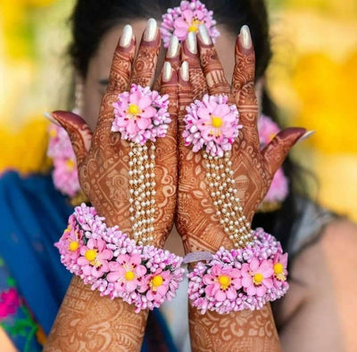 LAMANSH Floral 🌺 Giveaways Yellow - Pink / 5 Pair Floral Hathphool LAMANSH Floral 🌺 Bracelets Attached to Ring ( Set of 5 Pair)
