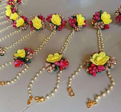 LAMANSH Floral 🌺 Giveaways Yellow - Red / 5 Pair Floral Hathphool LAMANSH ( Set of 5 Pair) Artificial Floral Gotta Bracelets Attached to Ring /Mehendi Favors for Bridesmaid Set