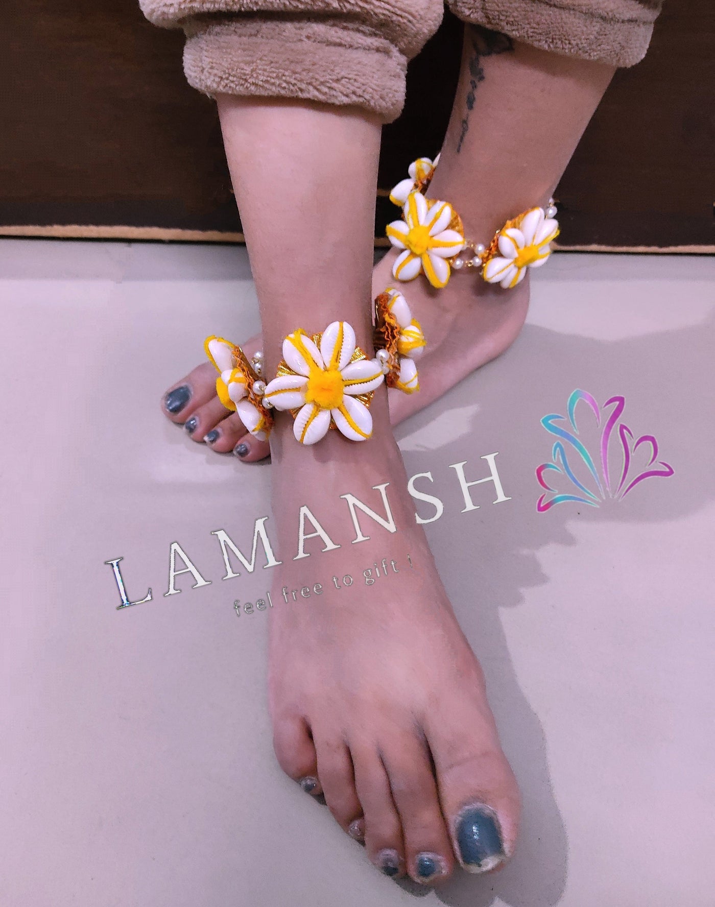 Lamansh Floral Payal Set Yellow White / Standard / All occassions LAMANSH® Set of 2 🐚 Shell X Wool StarFish Style Anklets Payal set for Haldi & Mehendi