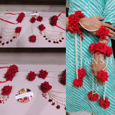 Lamansh floral set with kalire LAMANSH® Bridal Red Rose 🌹 Floral jewellery set with kalire for Engagement / Mehendi ceremony