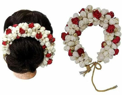 LAMANSH Flower Gajra White-Red / Standard / 1 LAMANSH® Mogra Flower Hair Accessories, White / Flower Bun Juda Accessories