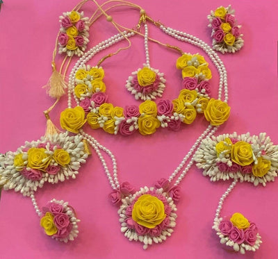 Lamansh Flower 🌺 Jewellery 1 Necklace, 1 Choker, 2 Earrings & 1 Maangtika, 2 Bracelet attached with ring set / Pink-Yellow LAMANSH® Handmade Flower Jewellery Set For Women & Girls / Haldi Set