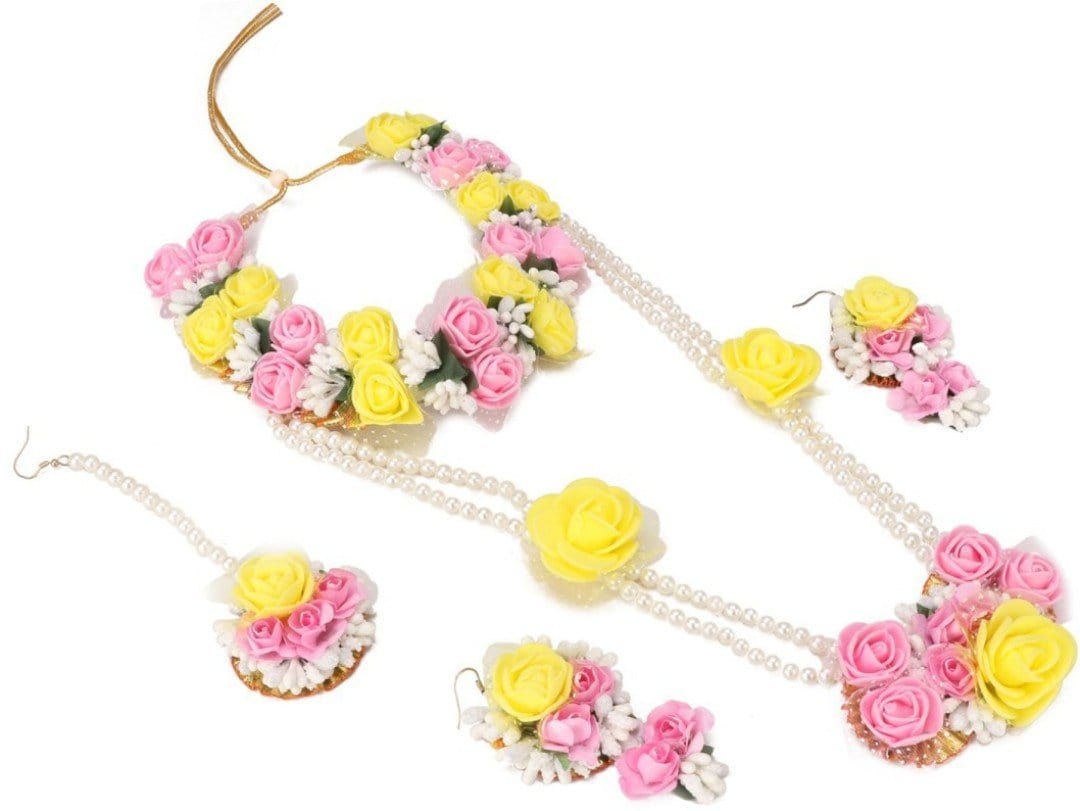 Lamansh Flower🌺🌻🌹🌷 jewellery 1 Necklace, 1 Choker, 2 Earrings & 1 Maangtika set / Pink-Yellow LAMANSH® Handmade Baby Shower Flower Jewellery Set For Women & Girls / Haldi Set