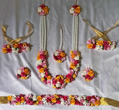 Lamansh Flower🌺🌻🌹🌷 jewellery 1 Necklace, 1 Kamarband ,2 Earrings ,1 Maangtika & 2 Bracelet set / Pink-yellow-White LAMANSH® Handmade Flower Jewellery Set For Women & Girls / Haldi Set