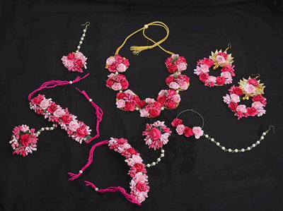 Lamansh Flower🌺🌻🌹🌷 jewellery 1 Necklace, 2 Earrings ,1 Maangtika, 1 Nath & 2 Bracelet attached to Ring set / Pink LAMANSH® Handmade Wedding Flower Jewellery Set For Women & Girls / Haldi Set