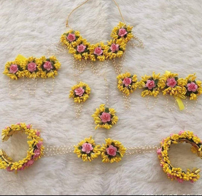 Lamansh Flower 🌺 Jewellery 1 Necklace, 2 Earrings ,1 Maangtika , 2 Anklets & 2 Bracelets Attached with Ring set / Pink-yellow LAMANSH® Handmade Flower Jewellery Set For Women & Girls / Haldi Set