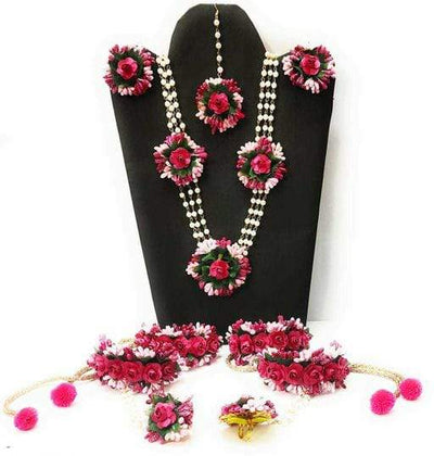 Lamansh Flower 🌺 Jewellery 1 Necklace, 2 Earrings ,1 Maangtika, 2 Bajubandh, 2 Bracelets attached with Ring set / Pink-White LAMANSH® Handmade Flower Jewellery Set For Women & Girls / Haldi Set