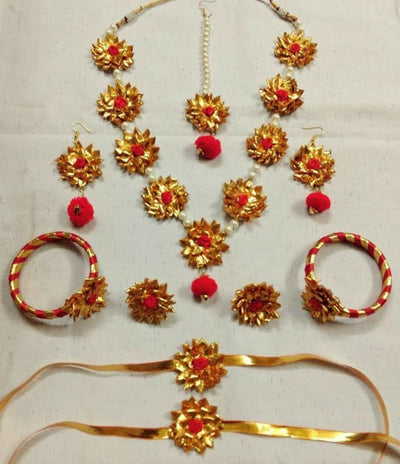 Lamansh Flower 🌺 Jewellery 1 Necklace, 2 Earrings, 1 Maangtika , 2 Bangles , 2 Ring & 2 Bajubandh set / Pink - Gold LAMANSH® Pom Pom Handmade Gota Jewellery Set For Women & Girls / Haldi Set