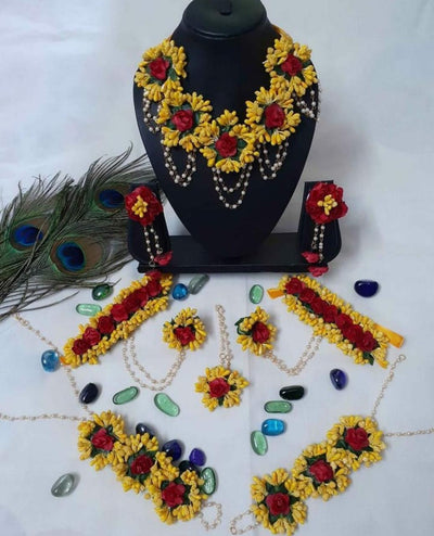 Lamansh Flower 🌺 Jewellery 1 Necklace, 2 Earrings , 1 Maangtika , 2 Bracelet Attached with Ring & 2 Anklets set / Yellow-Red LAMANSH® Handmade Flower Jewellery Set For Women & Girls / Haldi Set