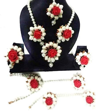 Lamansh Flower jewellery 1 Necklace, 2 Earrings,1 Maangtika & 2 Bracelet attached with Ring set / Red-White LAMANSH® Special Haldi 🌺 Jewellery Set