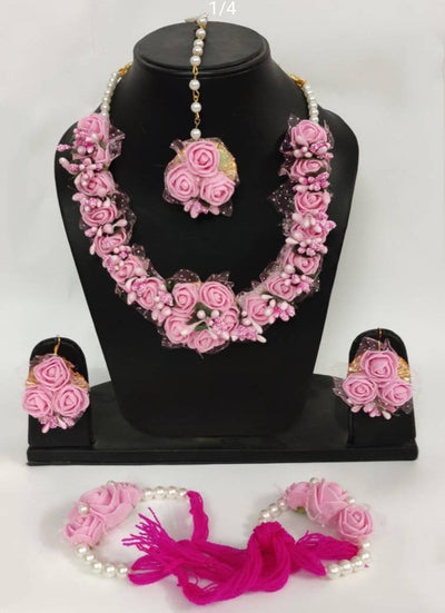 Lamansh Flower 🌺 Jewellery 1 Necklace, 2 Earrings ,1 Maangtika & 2 bracelet / Pink LAMANSH® Handmade Flower Jewellery Set For Women & Girls / Haldi Set