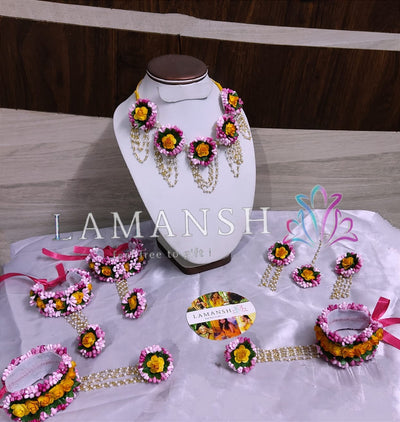 Lamansh Flower 🌺 Jewellery 1 Necklace, 2 Earrings ,1 Maangtika, 2 Bracelets Attached with Ring set & 2 Anklets Attached with Toe Set / Pink-Yellow LAMANSH® Bridal Flower Jewellery Set For Women & Girls / Haldi Set