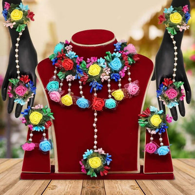 Lamansh Flower 🌺 Jewellery 1 Necklace, 2 Earrings ,1 Maangtika & 2 Bracelets Attached with Ring set / Rainbow LAMANSH® Handmade Flower Jewellery Set For Women & Girls / Haldi Set