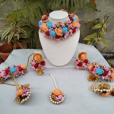 Lamansh Flower 🌺 Jewellery 1 Necklace, 2 Earrings ,1 Maangtika & 2 Bracelets Attached with Ring set / Sky blue- Orange - Gold LAMANSH® Handmade Flower Jewellery Set For Women & Girls / Haldi Set