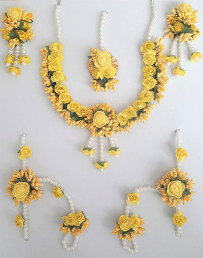 Lamansh Flower 🌺 Jewellery 1 Necklace, 2 Earrings ,1 Maangtika & 2 Bracelets attached with ring set / yellow LAMANSH® Handmade Flower Jewellery Set For Women & Girls / Haldi Set