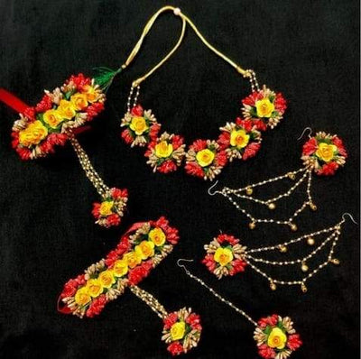 Lamansh Flower 🌺 Jewellery 1 Necklace, 2 Earrings ,1 Maangtika & 2 Bracelets Attached with Ring set / Yellow-Red-Golden LAMANSH® Handmade Flower Jewellery Set For Women & Girls / Haldi Set