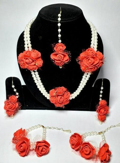 Lamansh Flower 🌺 Jewellery 1 Necklace, 2 Earrings ,1 Maangtika & 2 Bracelets set / Red LAMANSH® Handmade Flower Jewellery Set For Women & Girls / Haldi Set