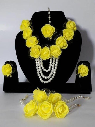Lamansh Flower 🌺 Jewellery 1 Necklace, 2 Earrings ,1 Maangtika & 2 Bracelets set / Yellow LAMANSH® Handmade Flower Jewellery Set For Women & Girls / Haldi Set