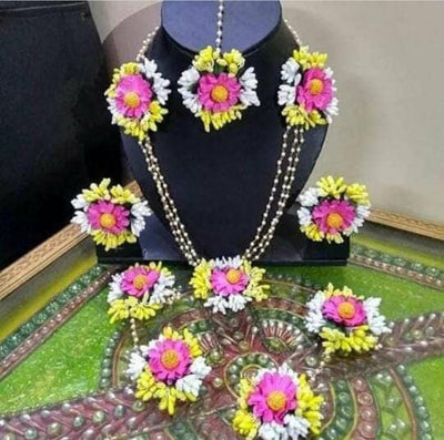 Lamansh Flower Jewellery 1 Necklace, 2 Earrings, 1 Maangtika, 2 Hathphools / Yellow-pink-white LAMANSH® Special Floral🌺 Jewellery Set