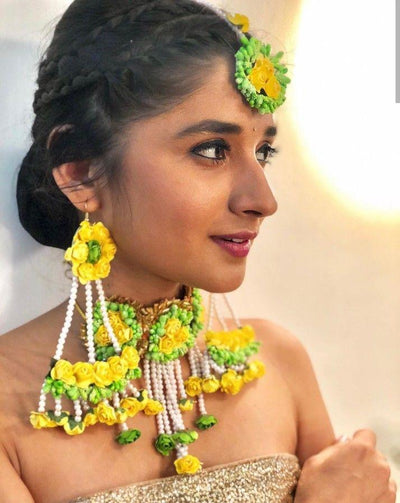 Lamansh Flower🌺🌻🌹🌷 jewellery 1 Necklace , 2 Earrings & 1 Maangtika / Green Yellow Kanika Mann #Guddan Tumse Na Ho Payega
