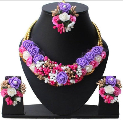 Lamansh Flower 🌺 Jewellery 1 Necklace, 2 Earrings ,1 Maangtika / Multicolour LAMANSH® Handmade Flower Jewellery Set For Women & Girls / Haldi Set