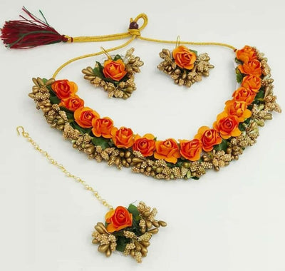 Lamansh Flower 🌺 Jewellery 1 Necklace, 2  Earrings ,1 Maangtika set / Orange- Gold LAMANSH® Handmade Flower Jewellery Set For Women & Girls / Haldi Set