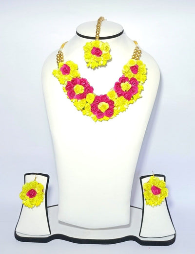 Lamansh Flower Jewellery 1 Necklace, 2 Earrings & 1 Maangtika Set / Yellow-Pink LAMANSH® Bridal Floral 🌺 Jewellery Set for Haldi Ceremony / Special Mehendi set